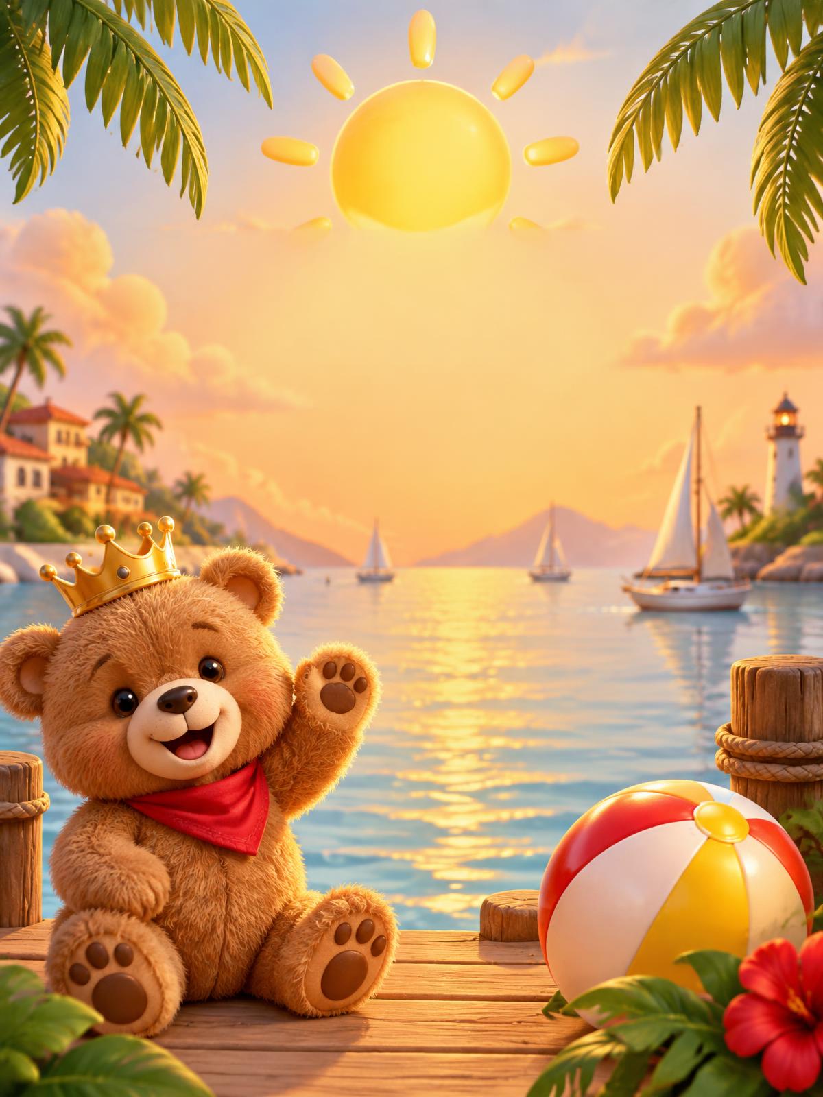 Ilustração infantil de um ursinho em uma marina ao pôr do sol
